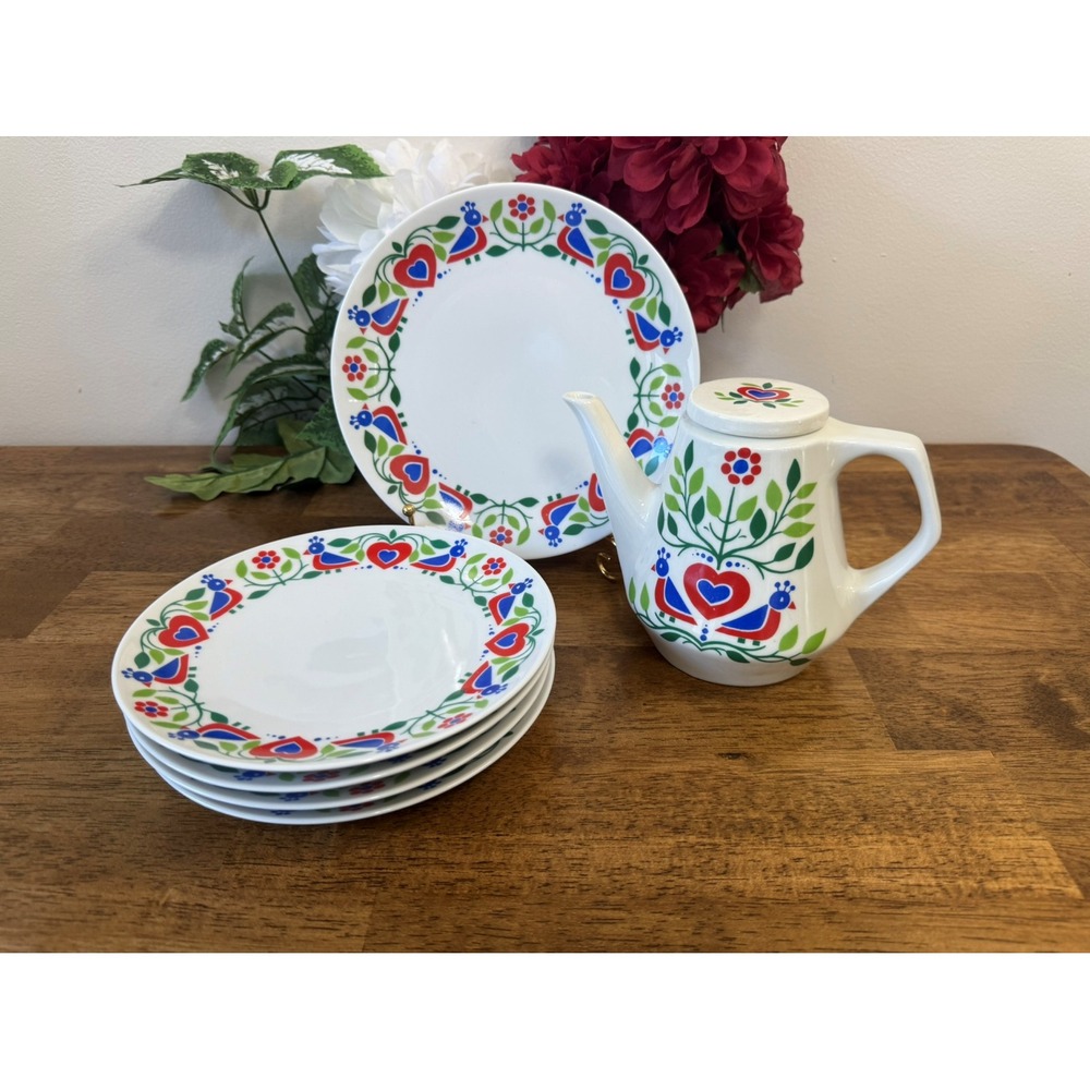 Vintage Dr. Oetker West Germany Teapot Plate Set Folk‎ Art Heart & Bird Pattern